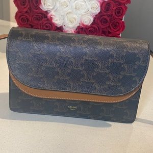 CELINE WALLET ON STRAP IN TRIOMPHE CANVAS AND SMOOTH LAMBSKIN